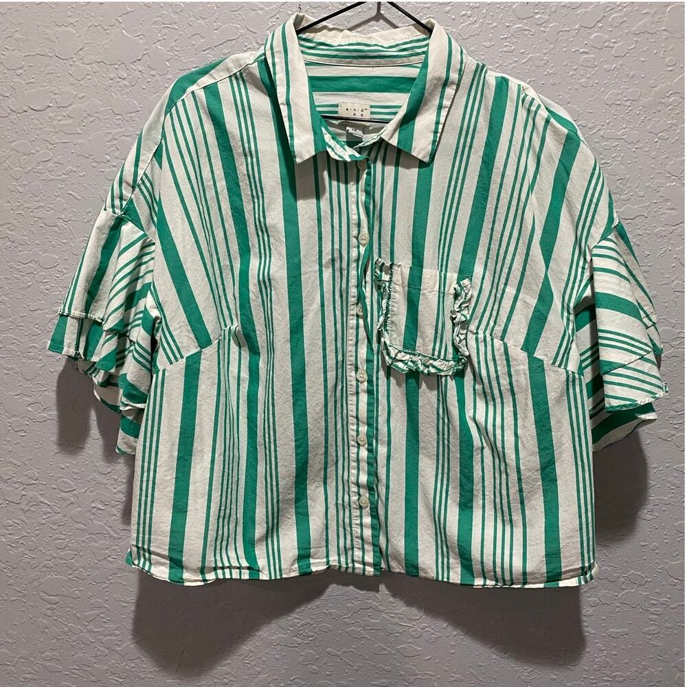 A New Day Women's Cropped Short Sleeve Ruffle Top Green White Sz 1X Boho